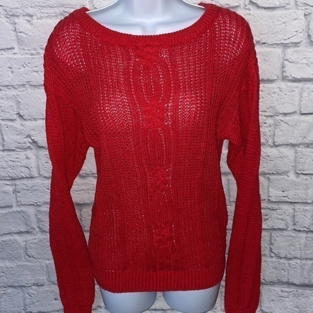 Vintage Cable Knit Crew Neck Long Sleeve Bright Red Pullover Cottagecore Sweater